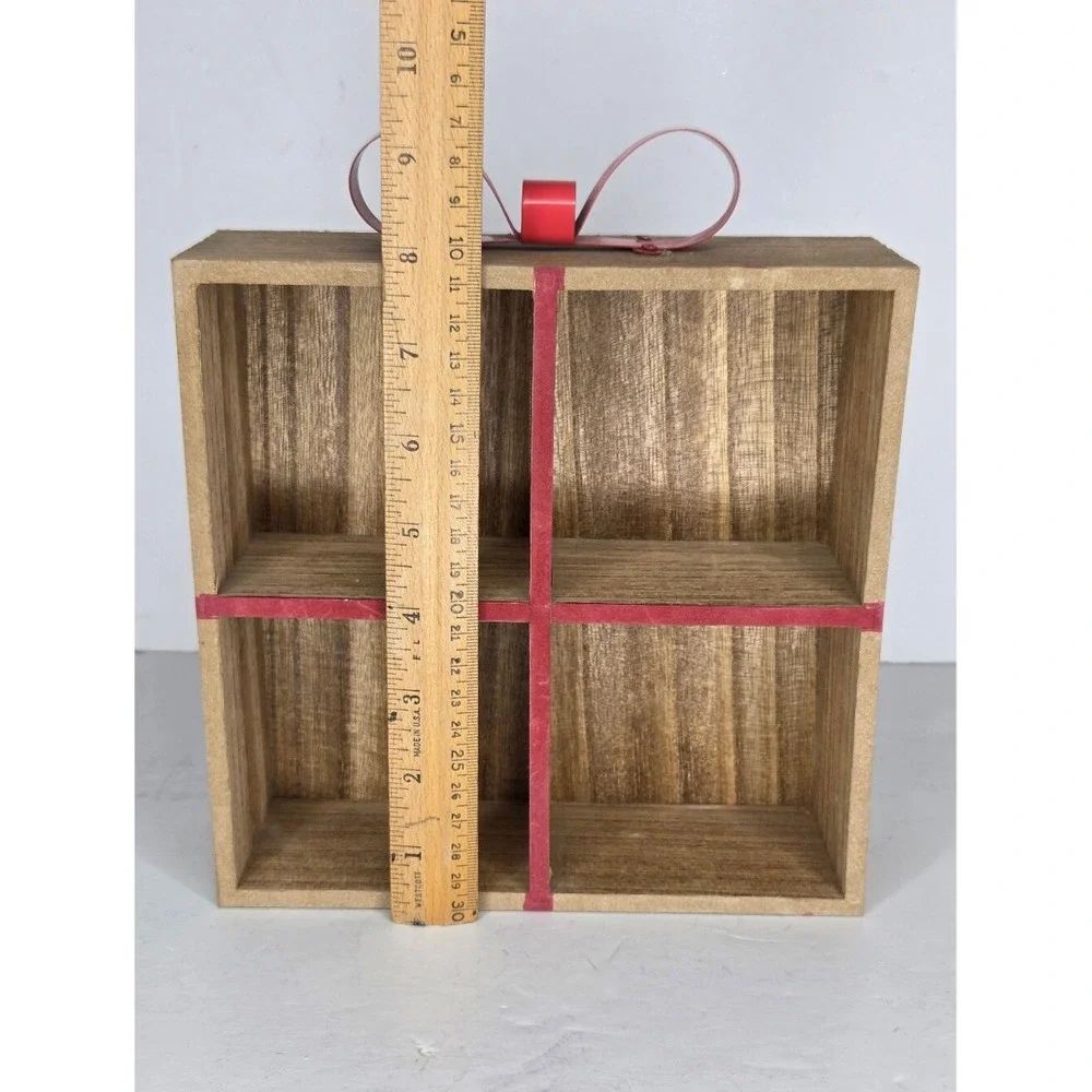Wood Trinket Wall‎ Shelf Christmas Present Gift Package Red Metal Ribbon Bow